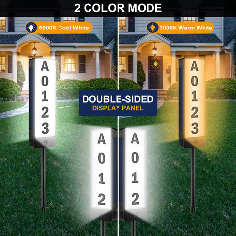 Solar Powered Address Sign For Yard With Vertical LED House Numbers IP65 Waterproof Outdoor Plaque Illuminated Two Sided Light For Night Visibility On Driveway Home And Street showing two color modes in front yard