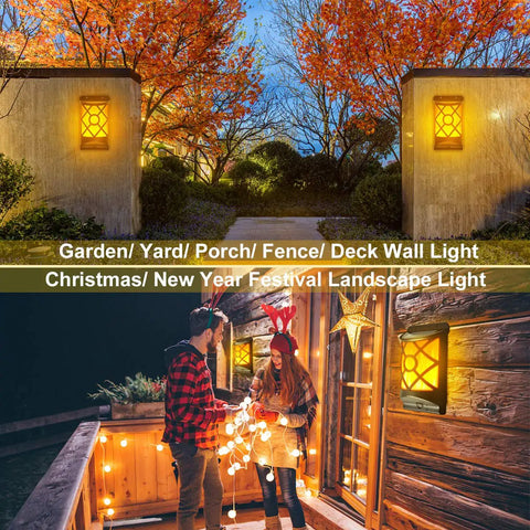 Solar Flame Lanterns Outdoor Lights 6 Pack Waterproof Wall Lanterns With Realistic 3D Flickering Flames on a garden wall at night.