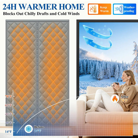 Magnetic Thermal Insulated Door Curtain Fits 32 X 80 Inch Door Curtain Size 34 X 82 Inches Five Layer Oxford and Cotton Cover Insulation for Winter Doorways Attics Keeps Cold Air Out Grey shown in living room blocking cold weather