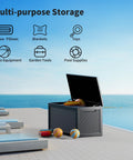 Monster Size Outdoor Storage Box 320 Gallon Lockable Resin Deck Box Weatherproof Patio Storage Bin by a poolside