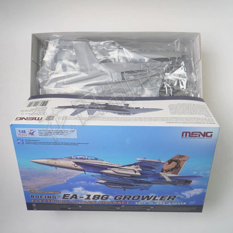 Box showcasing EA 18G Growler Electronic Attack Aircraft Model Kit in One Forty Eight Scale with detailed cockpit interior.