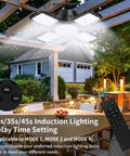 Lit Solar Powered Shed Light With 176 LEDs Motion Sensor Remote Five Lighting Modes for outdoor gazebo at night.