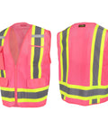 Fly High Vis Mesh Safety Vest For Crews Ansi Type O Class 1 Reflective Tape Lightweight Breathable Pink Work Pullover Extra Large zipper closure front and back view.
