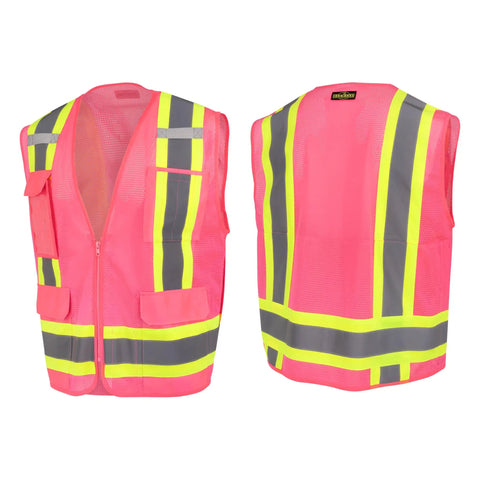 Fly High Vis Mesh Safety Vest For Crews Ansi Type O Class 1 Reflective Tape Lightweight Breathable Pink Work Pullover Extra Large zipper closure front and back view.