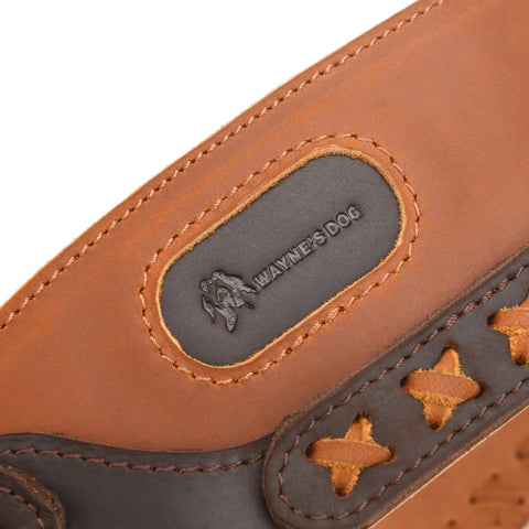 Close-up of Rugged Cowhide Leather Shotgun Shell Bandolier Belt For 12 Gauge And 16 Gauge Ammo with handbraid detailing