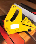 11 In 1 Table Saw Push Stick With Rear Hook And Toe Grip Angle Guides For 22 Point 5 Degree 30 Degree 45 Degree 60 Degree And 90 Degree Built In Rulers Center Finder Depth Gauge And Height Gauge For Precise Safe Cuts in yellow on a table saw
