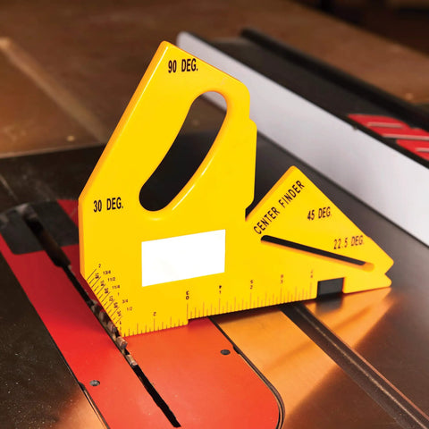 11 In 1 Table Saw Push Stick With Rear Hook And Toe Grip Angle Guides For 22 Point 5 Degree 30 Degree 45 Degree 60 Degree And 90 Degree Built In Rulers Center Finder Depth Gauge And Height Gauge For Precise Safe Cuts in yellow on a table saw