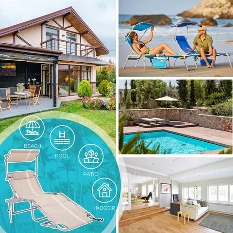 Collage featuring a Face-Down Sun Lounger with Canopy and Face Hole, ideal for beach, pool, and patio, in relaxing outdoor settings.