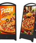 43 Inch Outdoor Portable Digital Signage Showing Hella Bright 2000 Nits 2K Android Lcd Monitor With Badass 1200 Wh Battery And Super Easy Split Screen Mode For Business Or Events with pizza ads.