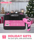 Pink 136 Piece Cordless Tool Set With 3.6V USB Electric Screwdriver displayed next to carry case, ideal for home repairs.