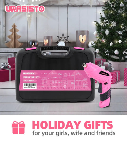 Pink 136 Piece Cordless Tool Set With 3.6V USB Electric Screwdriver displayed next to carry case, ideal for home repairs.