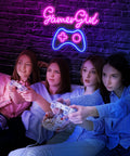 Gamer girl neon sign in gaming room setting with friends playing video games, featuring dimmable neon sign with USB power.