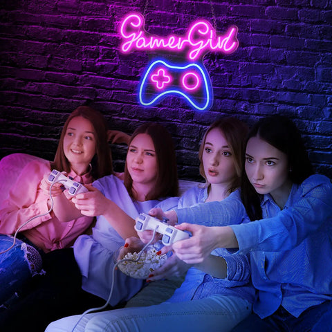 Gamer girl neon sign in gaming room setting with friends playing video games, featuring dimmable neon sign with USB power.