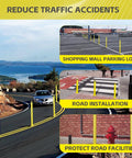Knockout Yellow Steel Bollard Post Forty Eight Inches Tall Five Point Five Inch Diameter Pipe in various traffic and parking setups.