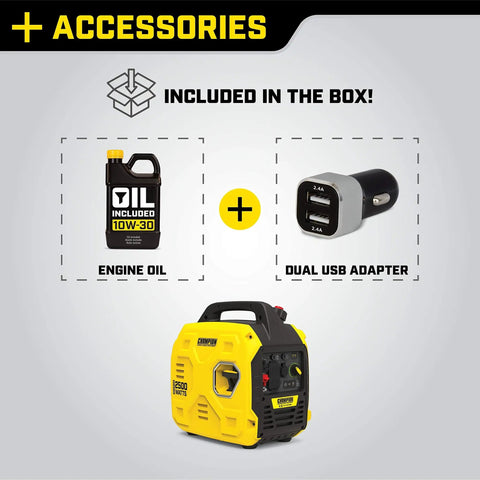 Ultralight 2500-Watt Inverter Generator With Quiet Tech, engine oil and dual USB adapter included in box