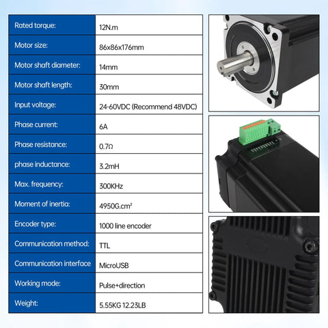 Front view of integrated Nema-34 closed-loop stepper motor with 14 mm shaft; 6A driver module, green terminal block.