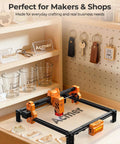 ACMER laser engraving machine front view, orange and black desktop unit with 300x300mm engraving area