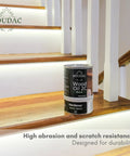 Top Shelf Two Component Hardwax Wood Oil For Indoor DIY Dead Simple One Coat Finisher VOC Free Linseed Mix Solid Black Tint For Furniture And Floors That Glides On Sleek In A 300 Ml Jar on wooden stairs.