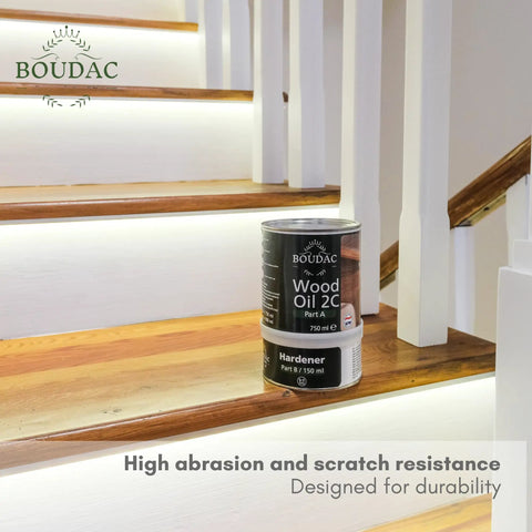 Top Shelf Two Component Hardwax Wood Oil For Indoor DIY Dead Simple One Coat Finisher VOC Free Linseed Mix Solid Black Tint For Furniture And Floors That Glides On Sleek In A 300 Ml Jar on wooden stairs.