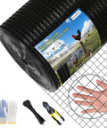 Heavy Duty Black Vinyl Coated Hardware Cloth One Inch Square Mesh Galvanized Steel Wire Built Tough As Nails With No Nonsense Durability For Critter Proof Barriers with measuring hand, gloves, and tools.