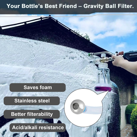 Foam Cannon For Pressure Washer With Dual Connector Car Wash Soap Attachment used on car, showcasing snow foam and filter features.
