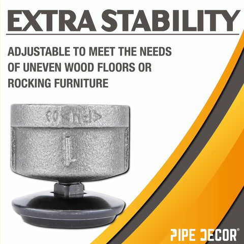 Adjustable Pipe Leg Levelers For 1 Inch Pipe Legs 4 Pack Stop Wobble And Add Height, shown on stability features graphic.