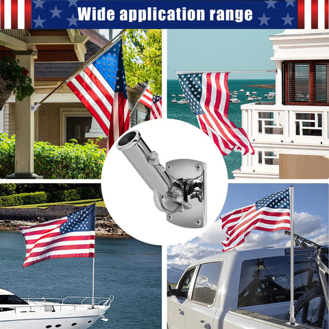 Top Tier Marine Grade 316 Stainless Steel Flagpole Holder With Rock Solid Heavy Duty Adjustable Outdoor Wall Bracket For Houses mirror polished flag mount displayed on various homes and boats with American flags.