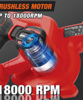 M18 Battery Compatible Cordless Leaf Blower With Brushless Motor showing 18000 RPM power feature