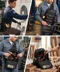 Heavy Duty Electrician Tool Chest Bag With 21 Tough As Nails Pockets And Waterproof Oxford Fabric Tactical HVAC Work Sling With Breathable Foam Back For Rough Job Sites And Crew Bosses in use by workers on job sites
