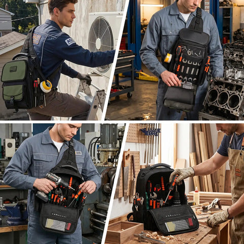Heavy Duty Electrician Tool Chest Bag With 21 Tough As Nails Pockets And Waterproof Oxford Fabric Tactical HVAC Work Sling With Breathable Foam Back For Rough Job Sites And Crew Bosses in use by workers on job sites