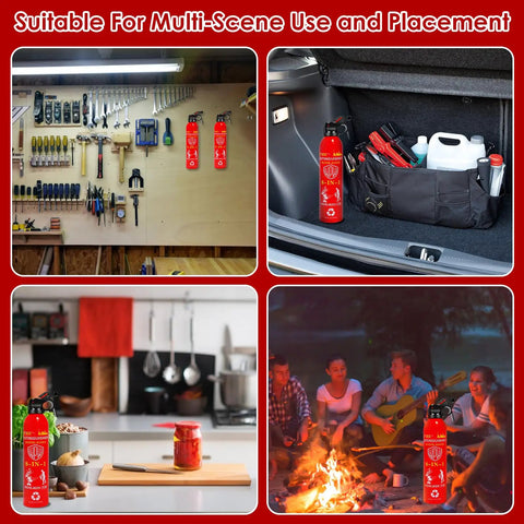 620ml Large 8 In 1 Water Based Fire Extinguisher For Home Car Boat Kitchen With Wall Mount Portable Grab And Go Ready Emergency Supplies A B C And K Fire Safe And Easy To Use 2 Pack shown in garage, car trunk, kitchen, and campfire