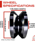 4 Inch V Groove Wheel Solid Steel Built Tough Heavy Duty Inverted V Shape Wheel For Slide Gates Bolt V Groove Zinc Plated 3000 Lb Load Capacity Half Inch Bore 2 Inch Hub Length Weldable Box, detailed wheel specifications with dimensions and zinc finish.