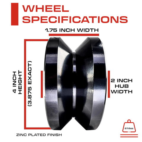 4 Inch V Groove Wheel Solid Steel Built Tough Heavy Duty Inverted V Shape Wheel For Slide Gates Bolt V Groove Zinc Plated 3000 Lb Load Capacity Half Inch Bore 2 Inch Hub Length Weldable Box, detailed wheel specifications with dimensions and zinc finish.