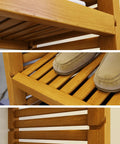 Top Tier Solid Wood Closet Organizer With Wall Mounted Walk In Closet Storage Rack Featuring Soft Close Drawers Vented Shelves Honey Maple Finish Satin Nickel Hardware A Solid Setup To Amp Up Your Daily Routine - Close-up of honey maple slatted shelf with shoes.