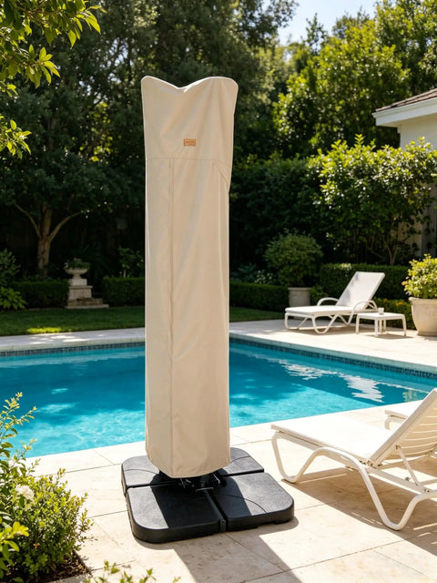 9 To 13 Ft Patio Umbrella Cover For Offset Cantilever And Straight Pole Parasols Weatherproof Water Resistant And Waterproof PU Polyester With Zipper And Rod Access Built Tough Outdoor Shield covering a poolside umbrella