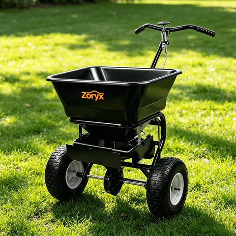 Heavy Duty Walk Behind Broadcast Spreader With 100 Pound Hopper And 13 Inch All Terrain Tires For Fertilizer Seed Salt Ice Melt And Big Yard Ready Lawn Care Adjustable Gate And Steel Frame on grass