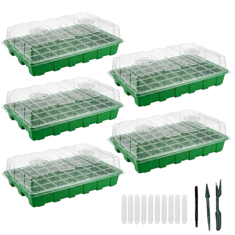Five green 5 Pack BPA Free Seed Starter Trays Kit With 40 Cell Reusable Seedling Trays, humidity domes, vents, tools and labels.