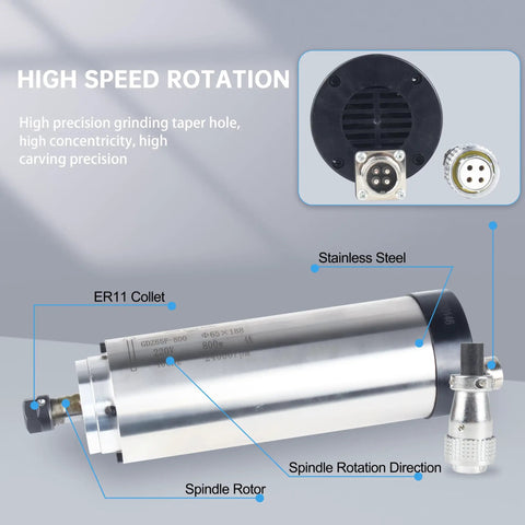 Air Cooled 800W CNC Spindle Motor 220V ER11 65mm, 0-24000 RPM with ER11 collet and rotor details