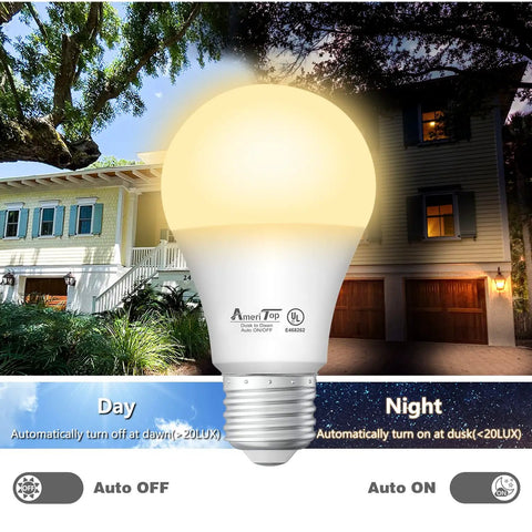 Dusk To Dawn LED Sensor Light Bulbs 4 Pack A19, UL Listed, Automatic On Off, 800 Lumens with day-night comparison, house background