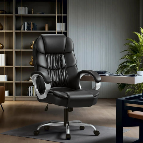 High Back PU Leather Desk Chair With Adjustable Height, Boss Level Modern Executive Swivel Task Chair Featuring Padded Armrests