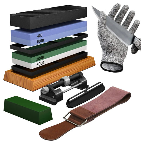 Knife Sharpening Stone Set Pro Grade Four Sided Whetstone 400 1000 3000 8000 Sharpener Kit With Non Slip Bamboo Base