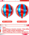 Massive 22 Inch Red And Blue 4D Foil Carnival Balloons Pack Of 6 For Circus Theme Party Decor, two stages of inflation shown
