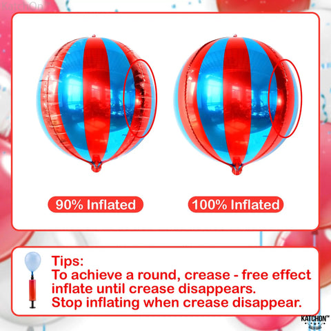 Massive 22 Inch Red And Blue 4D Foil Carnival Balloons Pack Of 6 For Circus Theme Party Decor, two stages of inflation shown
