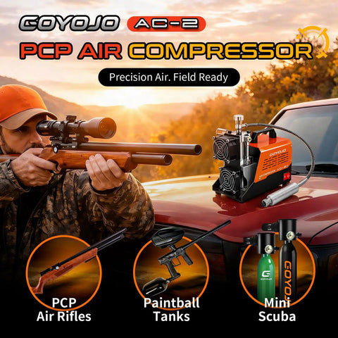 Goyojo Ac-2 Portable Pcp Air Compressor Pump Reaches 4500 Psi With Oil-Free Design And Dual Voltage Support. Enjoy Extended 45-Min Continuous Runtime For Refilling Hpa Paintball Tanks And Pcp Airguns Efficiently On The Go Or At Home Without Hassle.