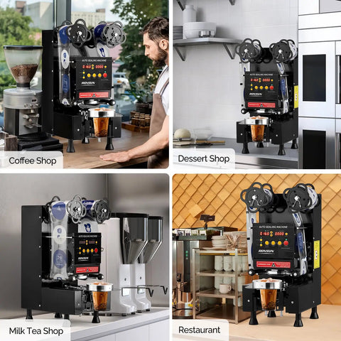 Full Auto Cup Sealing Machine With LCD Control Panel in coffee shop, dessert shop, milk tea shop, and restaurant settings.