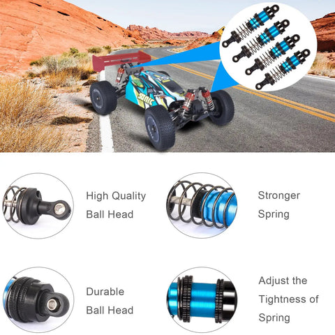 Four 72mm Aluminum Oil Shocks Set for 1/12-1/16 RC Cars with highlighted installation features and spring details.