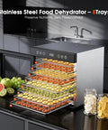 Heavy Duty Food Dehydrator With 650 Watt Motor And Eight Stainless Steel Trays Featuring Adjustable Temp And Timer Controls Plus Interior Light For Knocking Out Big Batches Of Beef Jerky Fruit Snacks Dried Herbs And Custom Dog Treats Effortlessly with fruits on trays.