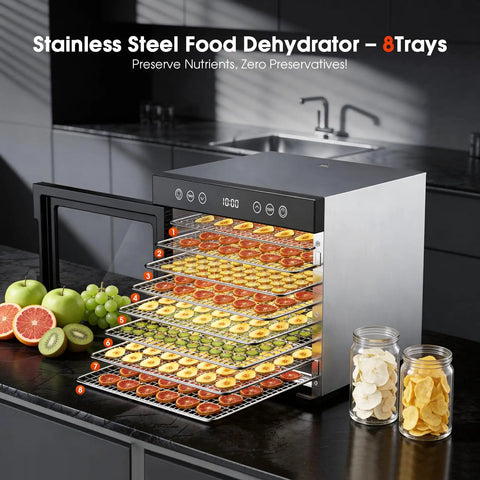 Heavy Duty Food Dehydrator With 650 Watt Motor And Eight Stainless Steel Trays Featuring Adjustable Temp And Timer Controls Plus Interior Light For Knocking Out Big Batches Of Beef Jerky Fruit Snacks Dried Herbs And Custom Dog Treats Effortlessly with fruits on trays.