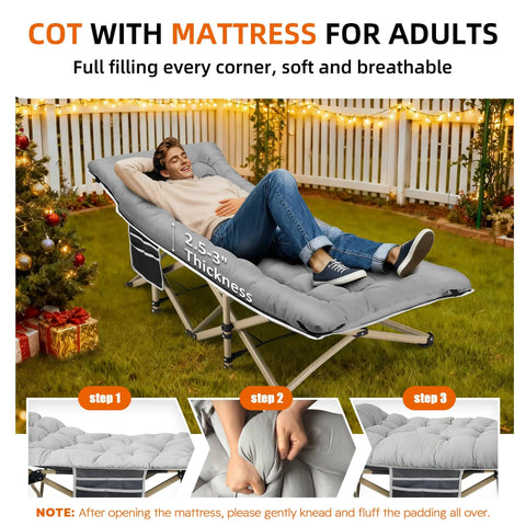 Man relaxing on Portable Camping Cot With Thick Mattress, Extra Wide Design, Supports Up To 600 Lbs, Foldable, Gray