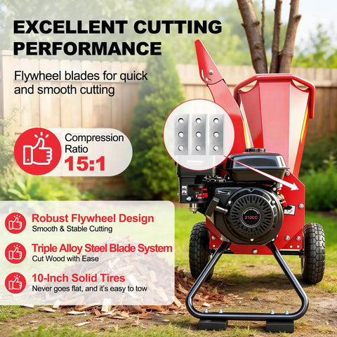Beast Gas Powered Wood Chipper Mulcher with 7HP 212cc engine and 3-blade disc cutter, showcasing cutting performance features.